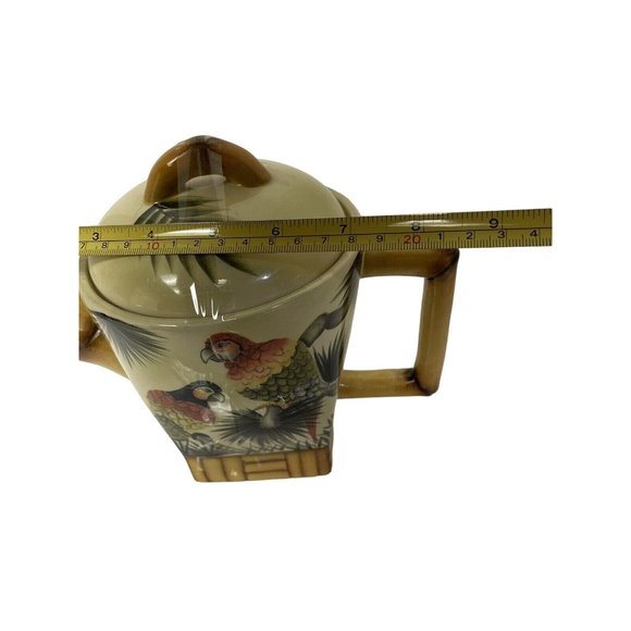 Pacific Rim Ceramic Tea Pot Hand Painted Parrots Palm Trees Bamboo 8.5" - Picture 11 of 11